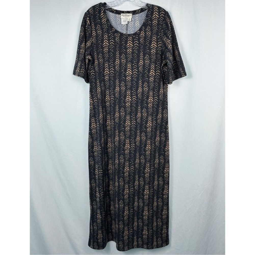 Norm Thompson Knit Maxi Dress Medium Black Tan Chevron Stretch Boho Indie Modest
